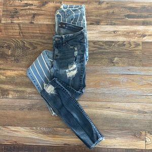 Size 1 waist 25 Holister super skinny ripped jeans and Forever 21 striped jeans.